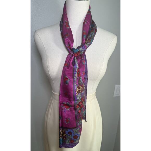 Vintage Liz Claiborne 100% Silk Scarf Purple Flowers Floral Vibrant Rectangle - Picture 11 of 11